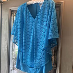 CATHERINES LACE OVERLAY TUNIC TOP SZ 1X (18-20W) TURQUOISE STRETCH Coastal